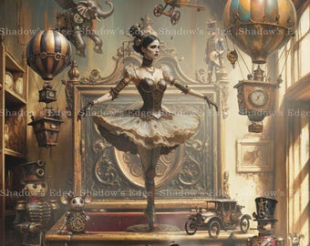 Steampunk Ballerina Musical Box Giclee Art Print | Vintage Whimsical Decor