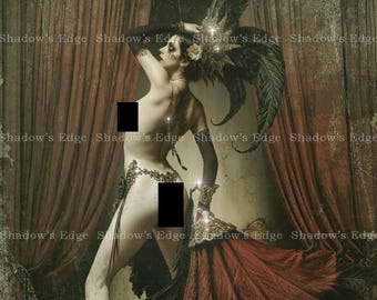 Gothic Burlesque Fan Dancer Giclee Art Print: Dark Vintage Cabaret Wall Art