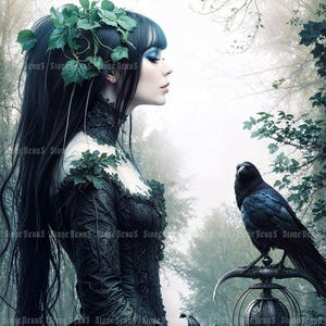 Goth Witch With Raven I Art Print, beautiful goth girl, dark academia, dark gothic, goth girl portrait, gothic mythical tale, gothic forest