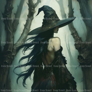 Stampa artistica Witchy Wood II, bellissima strega gotica oscura, maga gotica, occulto gotico, impressionista gotico, arte di Halloween, arte della strega