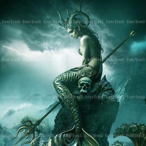Siren At The Coast Of Terror Art Print, beautiful dark gothic siren waiting by the sea, mystical mermaid in gothic impressionist stormy sea