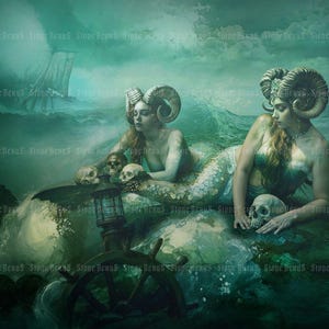 Gothic Mermaid Art Print: Stormy Sea Sirens Seascape