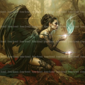 Shadow Spell Art Print, beautiful dark gothic angel, mystical gothic woods with setting sun, magical gothic angel with green black wings
