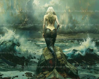 Puede incluir: Una ilustración digital de una sirena con cabello rubio largo, vista desde atrás, posada sobre una roca en medio de olas oceánicas turbulentas. El texto Shadow's Edge se repite en la imagen. Nubes oscuras y tormentosas.