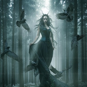 Stampa artistica "L'incantesimo dei corvi", bellissima creatura gotica oscura nei boschi con corvi, fantasy gotico scuro accademico