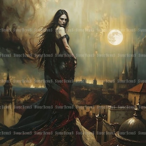 Gothic Vampire City Art Print: Dark Romantasy Impressionist Giclée. Title - &#39;Vampire City&#39;