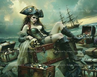 Pirate Queen Giclee Art Print, Dark Feminine Wall Art, Gothic Buccaneer Decor