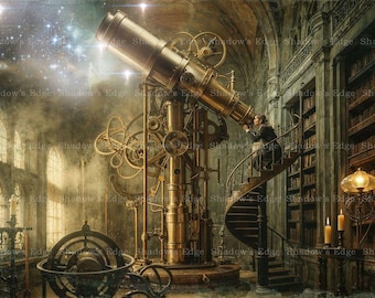 Stargazer Giclee Art Print | Vintage Telescope Wall Art | Steampunk Celestial Observatory Decor