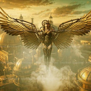 The Age Of Steam II Art Print, beautiful gothic steampunk angel, angel flying over gothic metropolis, gothic mythical art, gothic angel art