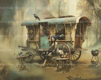Fortune Teller Caravan Giclee Art Print, Boho Witch Wall Art, Fantasy Decor