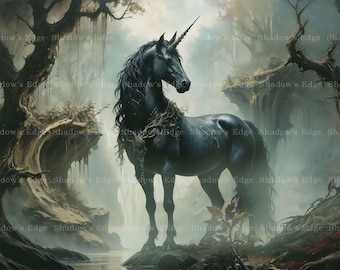 Black Unicorn Giclee Art Print, Dark Academia Wall Art, Gothic Mystical Decor