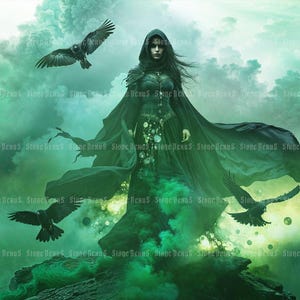 The Summoning Art Print, beautiful dark gothic sorceress, mystical witch with ravens, gothic mythical, gothic occult, dark academia