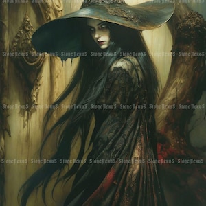 Stampa artistica di Witchy Wood, bellissima strega gotica oscura, impressionista gotica, occulto gotico, racconti gotici contorti