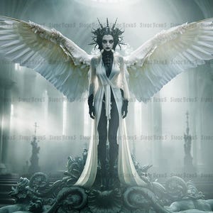 God&#39;s Little Angel Art Print, beautiful dark goth girl angel, fantasy gothic horror, dark academia, gothic whimsical goth angel, white angel