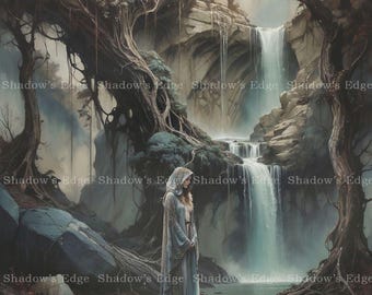 May include: A digital painting of a woman in a hooded gown standing near a waterfall. The scene is set in a fantasy landscape with large trees, rocks, and a misty atmosphere. The color palette is muted with blues, greens, and browns.