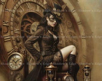 Gothic Steampunk Giclee Art Print, Vintage Victorian Clock Thief, Dark Academia Wall Art