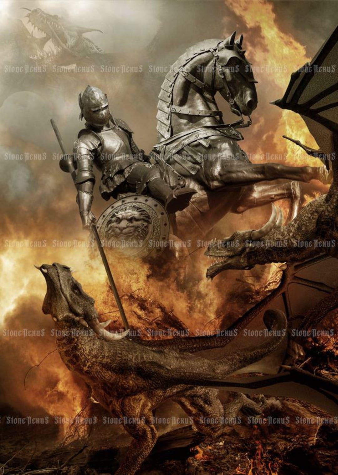 Knight Fighting Dragon Giclee Art Print. Medieval Fantasy Wall Art ...