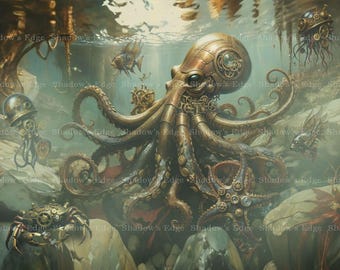 Octopus' Garden Giclee Art Print – Steampunk Underwater Fantasy Wall Art