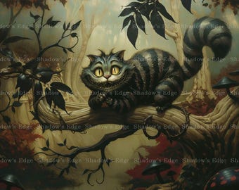 Cheshire Cat Giclee Art Print | Whimsical Gothic Tale Wall Art | Dark Wonderland Decor