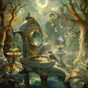 Enchanted Bird Bath Giclee Art Print, Whimsical Fairy Tale Decor