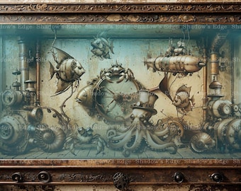Steampunk Aquarium Giclee Art Print – Victorian Underwater Fish Tank Fantasy