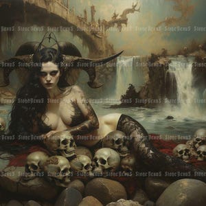 Dark Gothic Siren Art Print: Mythical Mermaid, Falls of Delirium