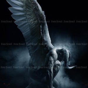 In Darkness We Are Forged Art Print, beautiful dark gothic angel kneeling, dark academia, mystical angel, white angel in dark shadows