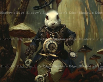 Lámina artística Giclée del Conejo Blanco, Arte mural caprichoso de Alicia en el País de las Maravillas de fantasía oscura