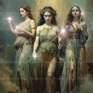 May include: Three figures in flowing, earth-toned draped dresses stand together. The left figure holds a glowing light, the centre figure holds a long staff with a glowing tip, and the right figure holds a glowing dagger. Text reads Shadow's Edge.