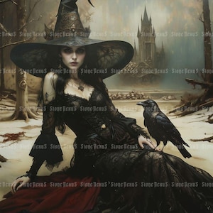 Lámina artística de bruja gótica de invierno: escena de bosque oscuro y caprichoso. Título: «Bruja de invierno»