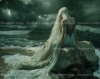 Dark Ocean Goddess Giclee Art Print, Melancholic Ocean Landscape, Gothic Decor