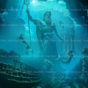 Poseidon Art Print, underwater god with mermaids and wreck, mythical god of the sea, underwater mystical god