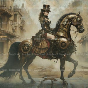 Puede incluir: Ilustración digital de temática steampunk. Una mujer con atuendo elaborado monta un caballo mecánico adornado con engranajes y placas metálicas. El fondo muestra una ciudad antigua, evocando una atmósfera retro.