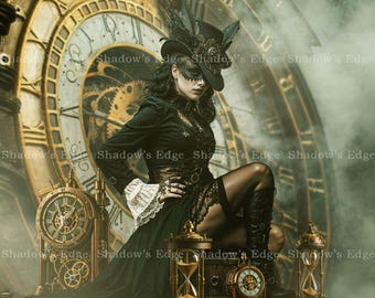 Gothic Steampunk Giclee Art Print, Victorian Clock Thief, Dark Academia Wall Art