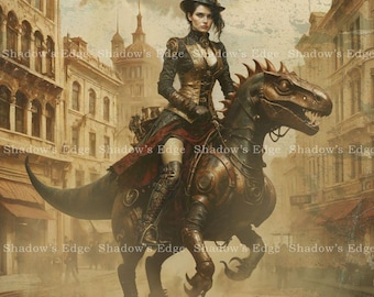 Steampunk Dinosaur Rider Giclee Art Print – Victorian Fantasy Wall Decor