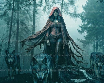 Dark Red Riding Hood Giclee Art Print, Gothic Fairy Tale Wall Art, Wolf Decor