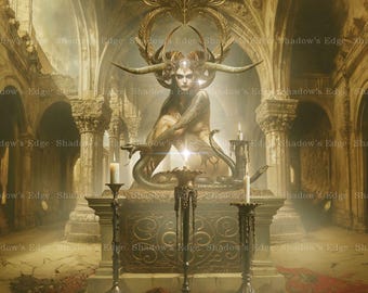 May include: A digital illustration featuring a central horned figure with dark hair and serpent-like features, seated upon an ornate stone altar. Three tall, slender metal candle holders with lit white candles stand in the foreground of the scene.