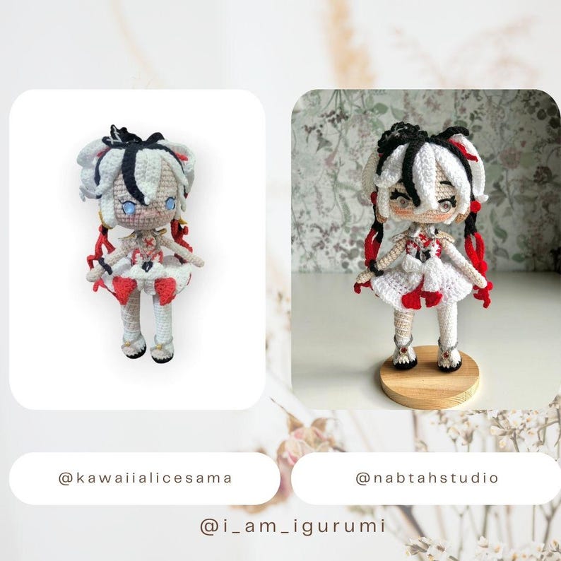 May include: A white and red crocheted doll with black hair and blue eyes. The doll is wearing a white dress with red accents and is standing on a wooden base. The doll is a handmade amigurumi figure.