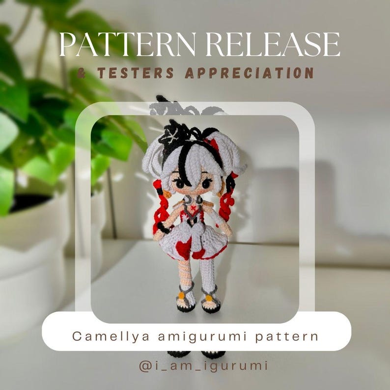May include: A crocheted amigurumi doll of a girl with white hair, red eyes, and a red and white dress. The doll is standing on a white surface. The text "PATTERN RELEASE & TESTERS APPRECIATION" is at the top of the image. The text "Camelly a amigurumi pattern @i_am_igurumi" is at the bottom of the image.