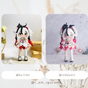 May include: Two crocheted anime character dolls with white hair, red and white outfits, and black accents. The dolls are standing on a white surface. The text "@by.lrms" and "@redsyarn" are visible below the dolls.