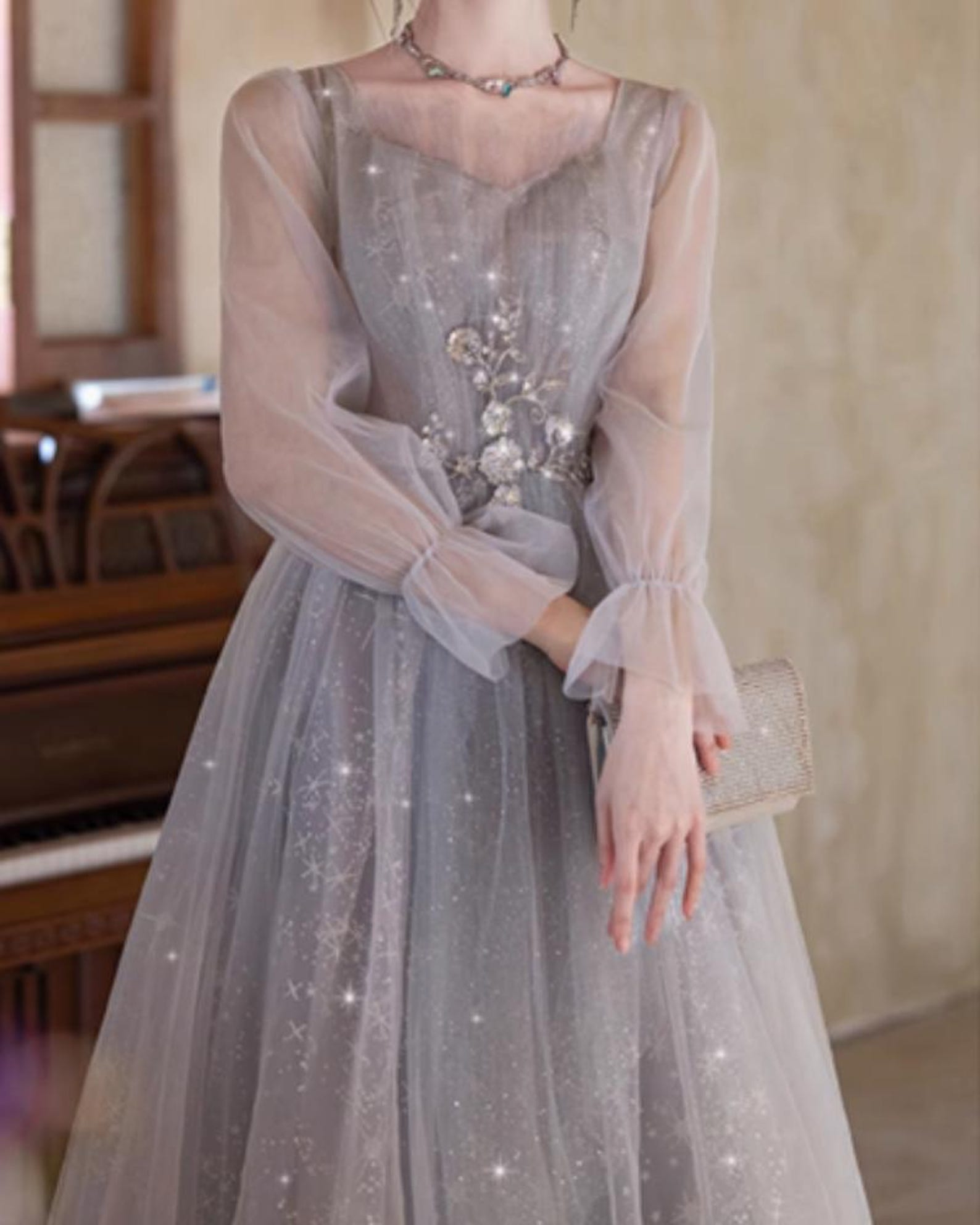 Grey Shirred Gown Dress