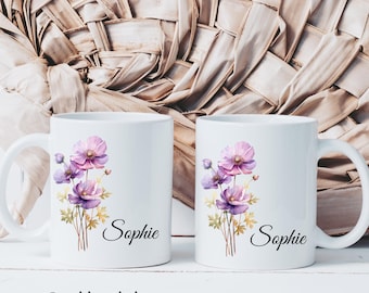 Personalisierte Geburtsblumentasse. Kundenspezifische Geburts-Blumen-Becher-Geschenk. Geburts-Blumen-Geschenke