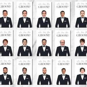 May include: A set of rectangular cards, each displaying the text "who has the GROOM?" above a picture of a man in a tuxedo. The cards are arranged in a grid, with each card showing a different person.