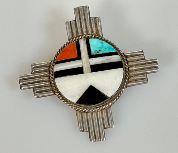 Vintage Sterling Zia Brooch - Zuni Face Pin 60s - image 1