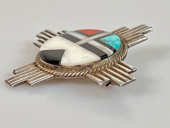 Vintage Sterling Zia Brooch - Zuni Face Pin 60s - image 3