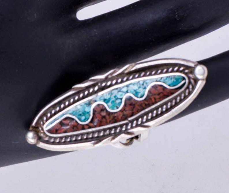 Vintage 70s Chip Inlay FREE US Shopping sz 5 12 Long Turquoise /& Coral Ring