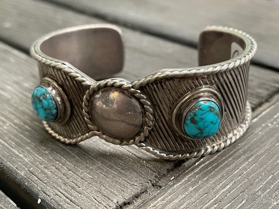 Early Navajo Turquoise Sterling Chisel Bracelet -… - image 2