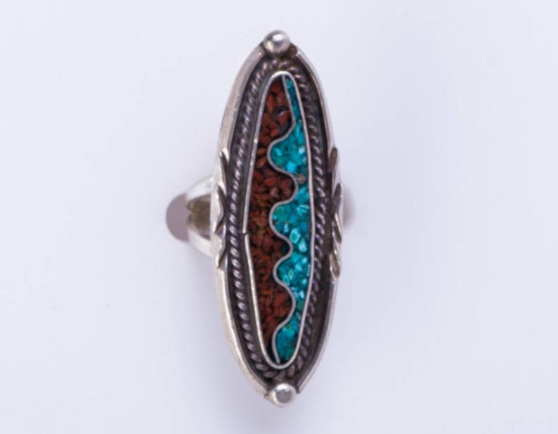 Vintage 70s Chip Inlay FREE US Shopping sz 5 12 Long Turquoise /& Coral Ring