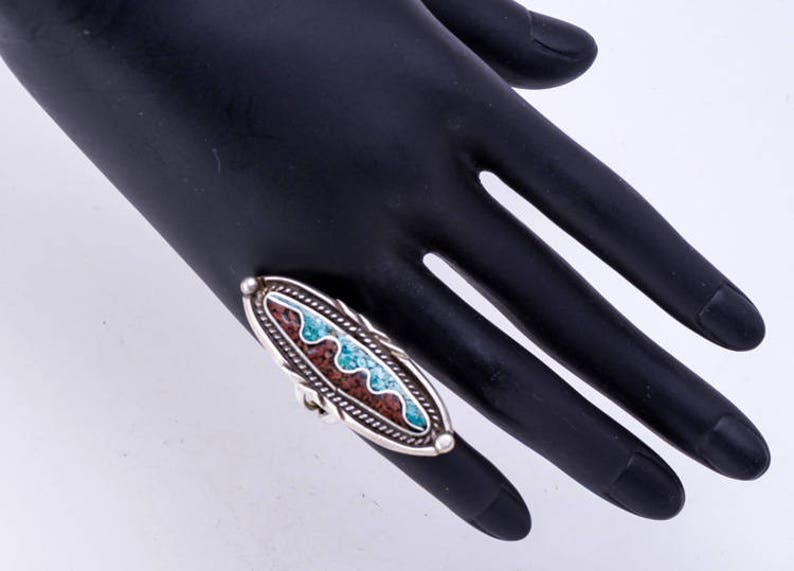 Vintage 70s Chip Inlay FREE US Shopping sz 5 12 Long Turquoise /& Coral Ring
