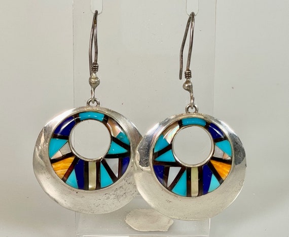 Big Vintage NA Raised Inlay Earrings -  Sterling … - image 2